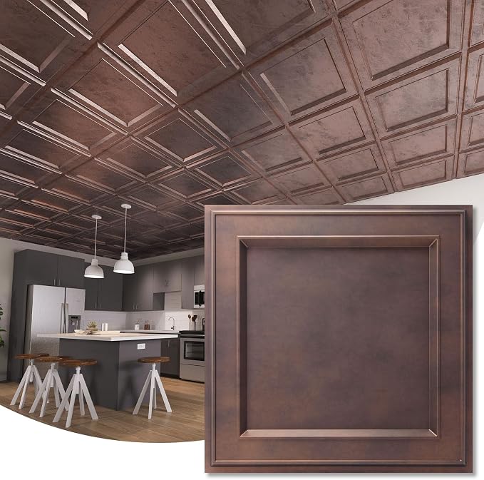 WOWSTAR 12-Pack 24"x24" Drop Ceiling Tiles, Waterproof Glue up Ceiling Panels, Modern Style 3D Wall Panels, Antique Copper | PVC ceiling panels, 24"x24", waterproof, glue-up install, basement kitchen bathroom, 12-pack, set C