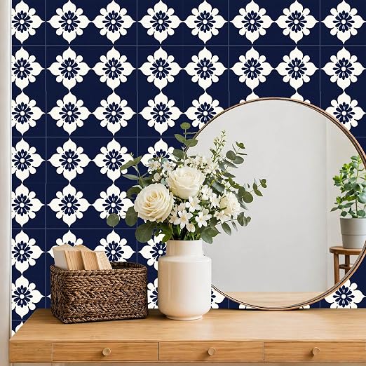 Navy Floral Peel and Stick Floor Tiles 12x12 Inch 10PCS | Navy blue and white floral tile pattern vinyl floor stickers for kitchen bathroom entryway and indoor home decor