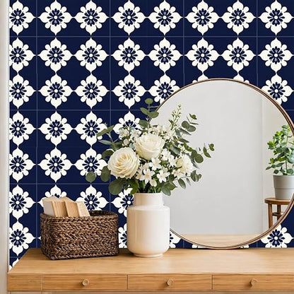 Navy Floral Peel and Stick Floor Tiles 12x12 Inch 10PCS | Navy blue and white floral tile pattern vinyl floor stickers for kitchen bathroom entryway and indoor home decor