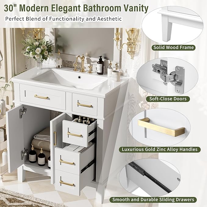 Favfurish 30" Bathroom Vanity with Ceramic Sink, Modern Storage Cabinet with Soft-Close Doors,Deep Drawer & Standard Drawer, Stylish Bath Vanity for Small Bathroom,Easy Assembly,White