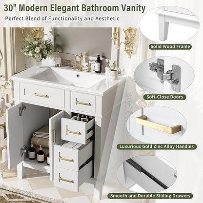 Favfurish 30" Bathroom Vanity with Ceramic Sink, Modern Storage Cabinet with Soft-Close Doors,Deep Drawer & Standard Drawer, Stylish Bath Vanity for Small Bathroom,Easy Assembly,White