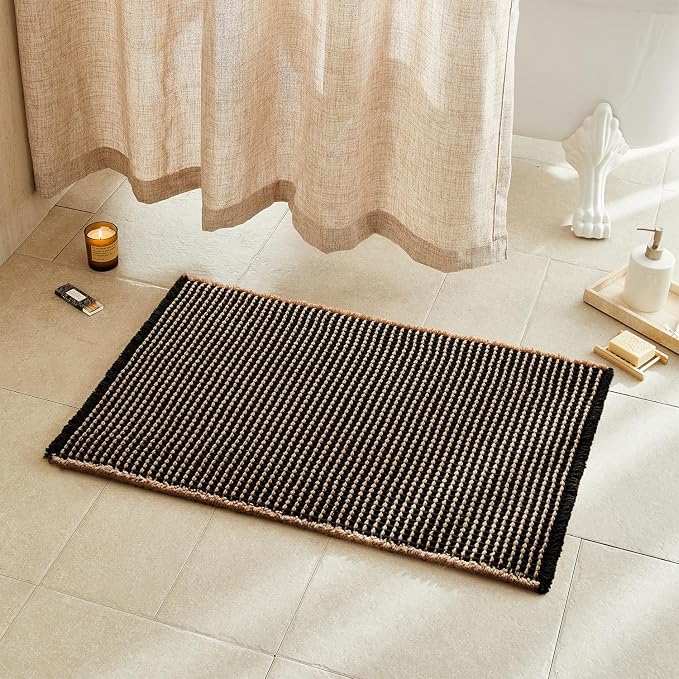 TYUU Waffle Bath Mat, Boho Bathroom Rugs Non Slip, 36x24 Khaki & Black | Super Absorbent Quick Dry Bath Rug, Non-Slip Backing, Soft Waffle Washable Farmhouse Bathroom Mats, Tub, Shower & Home Decor