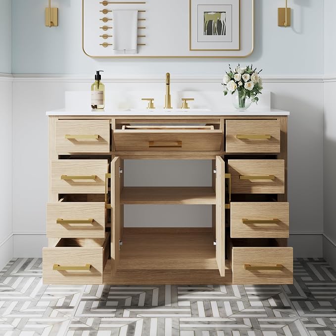 48-Inch Bathroom Vanity with Sink W/ 2 Doors & 8 Drawers & 1 Flip Drawer, Oak Vanity W/Brushed Gold Handles