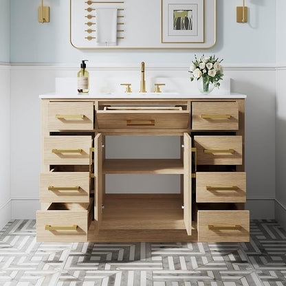 48-Inch Bathroom Vanity with Sink W/ 2 Doors & 8 Drawers & 1 Flip Drawer, Oak Vanity W/Brushed Gold Handles