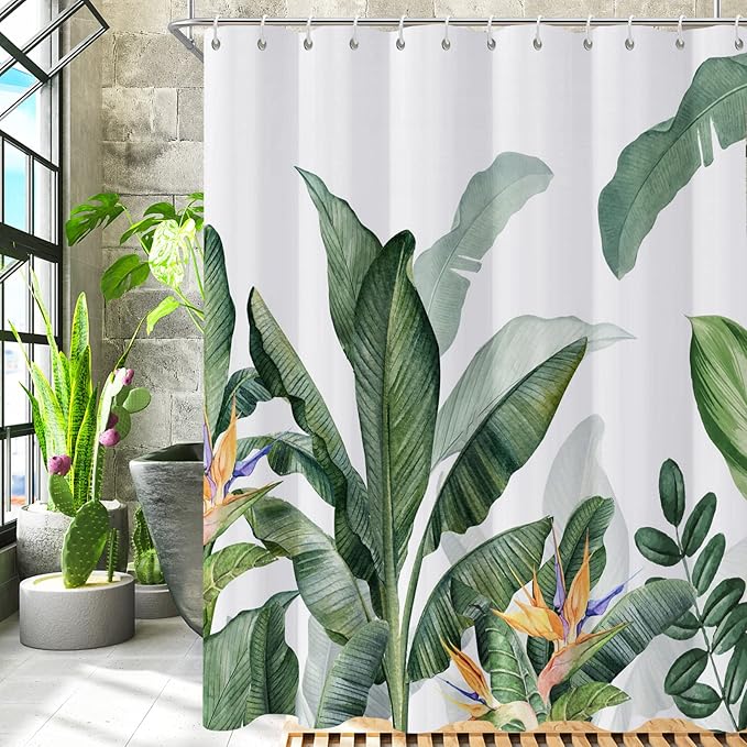 Shower Curtain Tropical Green Plant Shower Curtains for Bathroom, Leaf Shower Curtain, Botanical Shower Curtain Sets, Sage Shower Curtains Waterproof Bathtub Curtain 72x72 Inch with Hooks