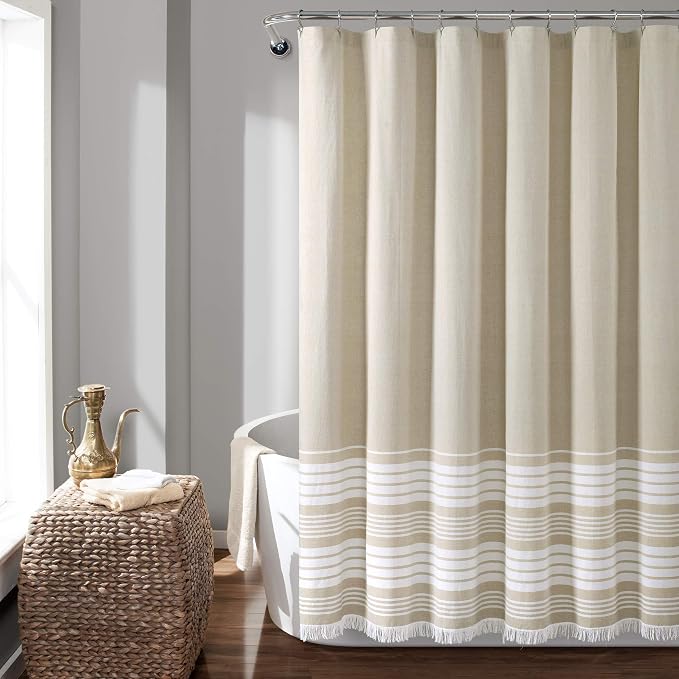 Lush Decor Nantucket Yarn Dyed Cotton Blend Tassel Fringe Shower Curtain Single 72" W x 72" L Taupe - Tan Shower Curtains for Bathroom Curtain