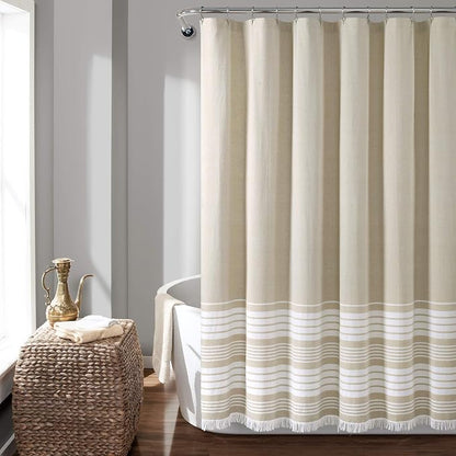 Lush Decor Nantucket Yarn Dyed Cotton Blend Tassel Fringe Shower Curtain Single 72" W x 72" L Taupe - Tan Shower Curtains for Bathroom Curtain