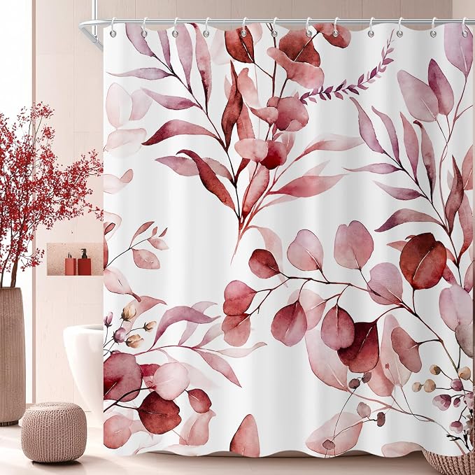 Burgundy Red Shower Curtain, Watercolor Eucalyptus Leaves Botanical Plants with Floral Bathroom Curtain Home Bathtub Decor Waterproof Fabric Machine Washable with 12 PCS Hooks,72" Wx78 L