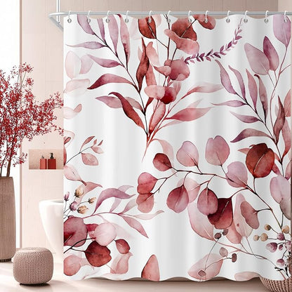 Burgundy Red Shower Curtain, Watercolor Eucalyptus Leaves Botanical Plants with Floral Bathroom Curtain Home Bathtub Decor Waterproof Fabric Machine Washable with 12 PCS Hooks,72" Wx78 L