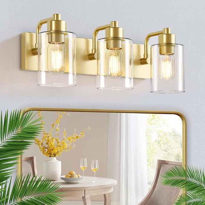 Dpyrrhic Gold Bathroom Light Fixtures,3-Light Bathroom Lights Over Mirror with Clear Glass Shade,Gold Vanity Light Wall Sconces for Kitchen Living Room Bedroom