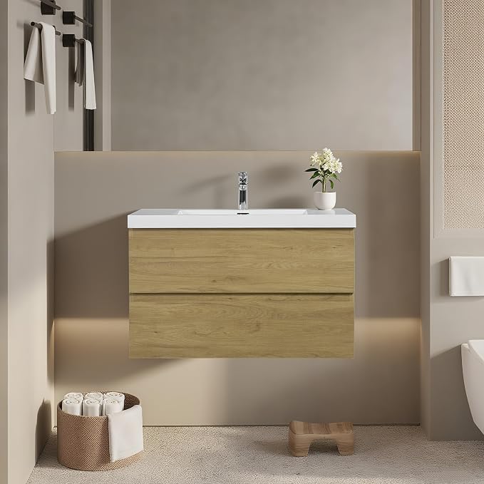 Floating Bathroom Vanity with Sink, 36" Wall-Mounted Bathroom Vanity | Resin Top Basin and Soft Close Drawers, No Assembly Required, Natural Oak