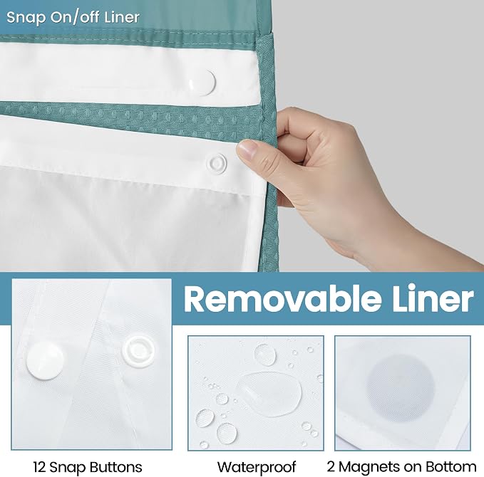 EUTXL Heavyweight Waffle No Hook Shower Curtain with Liner, Teal, 71x74 | Snap in Liner, 256GSM, Thick, Hotel Luxury Spa, Waterproof Fabric, Corner Magnets, 3 in 1 Set, Washable, Hang in Seconds