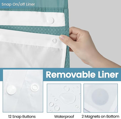 EUTXL Heavyweight Waffle No Hook Shower Curtain with Liner, Teal, 71x74 | Snap in Liner, 256GSM, Thick, Hotel Luxury Spa, Waterproof Fabric, Corner Magnets, 3 in 1 Set, Washable, Hang in Seconds