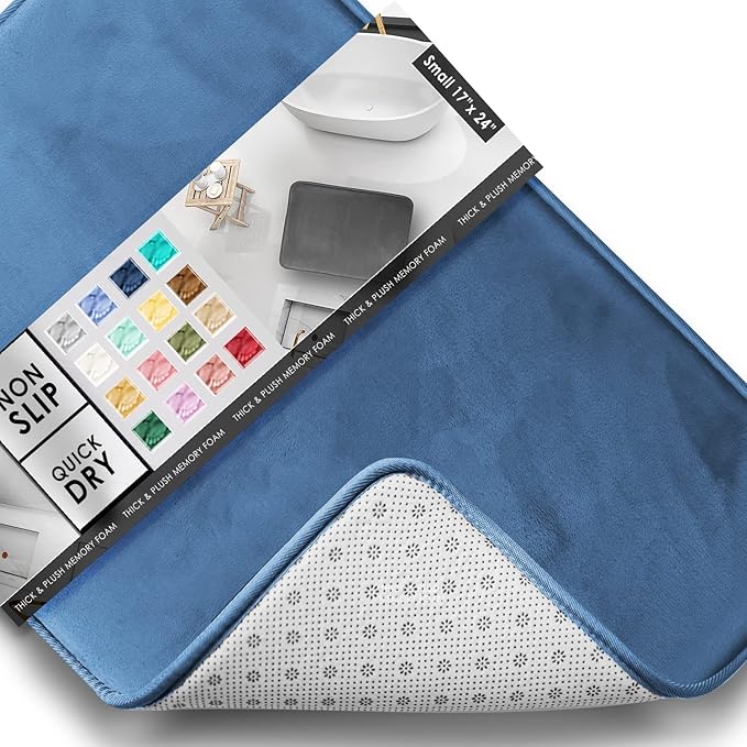 Clara Clark Bathroom Rugs, Velvet Memory Foam Bath Mat, Non-Slip, Machine Washable Bath Rugs - Dries Quickly, Ultra Soft Plush Bath Mats for Bathroom, 17 x 24, Calm Blue