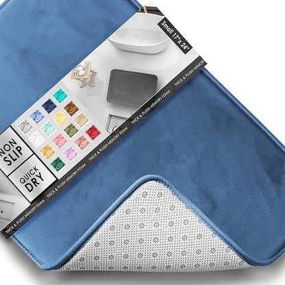 Clara Clark Bathroom Rugs, Velvet Memory Foam Bath Mat, Non-Slip, Machine Washable Bath Rugs - Dries Quickly, Ultra Soft Plush Bath Mats for Bathroom, 17 x 24, Calm Blue