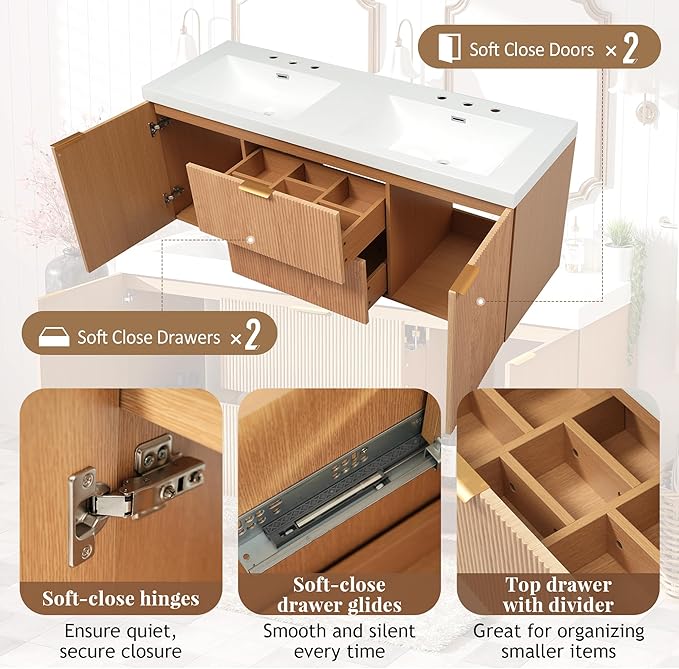Merax 60 inch Bathroom Vanity with Double Sink, Floating Bathroom Vanities with SMC Resin Top, Painted MDF Cabinet with Solid Wood Frame, Wall-Mounted Modern Storage Vanity for Large Bathrooms