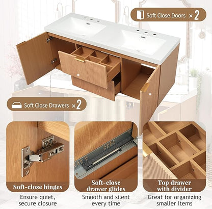 Merax 60 inch Bathroom Vanity with Double Sink, Floating Bathroom Vanities with SMC Resin Top, Painted MDF Cabinet with Solid Wood Frame, Wall-Mounted Modern Storage Vanity for Large Bathrooms