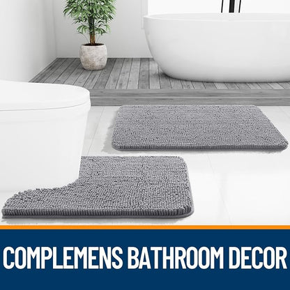 OLANLY Toilet Rugs U-Shaped 20x20, Soft Absorbent Chenille Contour Rugs | Grey, Quick-Drying Rubber Backing, Machine Washable Non-Slip Shaggy Bathroom Mat for Toilet, Home Decor Accessories
