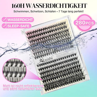 Lash Clusters Kit, DIY Cluster Eyelash Extensions 9‑16mm, 30D+40D, 280pcs Fluffy D Curl Natural Lashes with Bond & Seal,Remover,Tweezers,Brush–Fake Cat Eye Wispy Individual Clusters(MIX1-1-L)