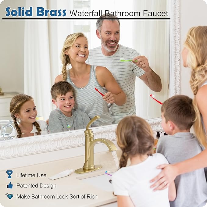 Brushed Gold Bathroom Faucet, Brass 1 Handle Bathroom Waterfall Sink Faucet 1 Hole or 3 Hole (4 Inch) with Pop Up Drain, Deck Plate, Extended 23.4 Inch Hoses for Farmhouse, Vanity, Restroom