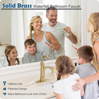 Brushed Gold Bathroom Faucet, Brass 1 Handle Bathroom Waterfall Sink Faucet 1 Hole or 3 Hole (4 Inch) with Pop Up Drain, Deck Plate, Extended 23.4 Inch Hoses for Farmhouse, Vanity, Restroom