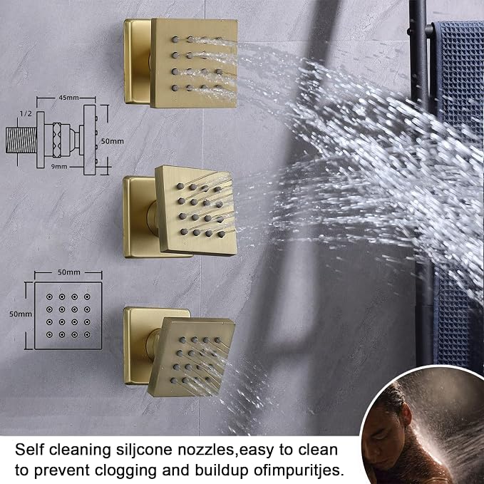 3 Functions Shower Head System Brushed Gold Shower Faucet Set | 16X26 inch Ceiling Shower, 6 Body Jet, Handheld Shower, Temperature Display, 5 Functions Can All Run Together