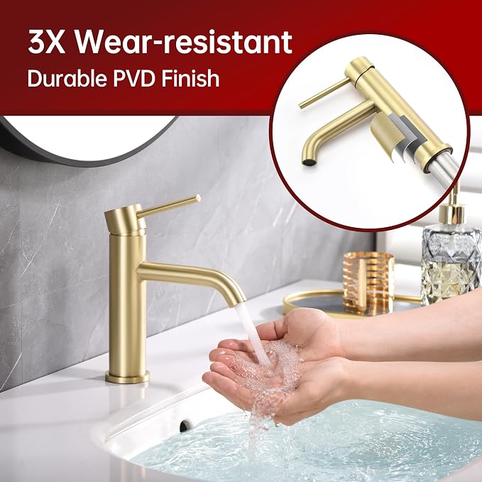 SUMERAIN Bathroom Sink Faucet Brushed Gold Single Handle Single Hole | Lead-Free, Stainless Steel, with Faucet Supply Lines, Easy DIY Install
