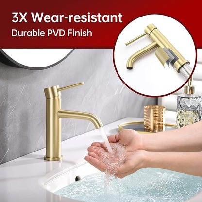 SUMERAIN Bathroom Sink Faucet Brushed Gold Single Handle Single Hole | Lead-Free, Stainless Steel, with Faucet Supply Lines, Easy DIY Install