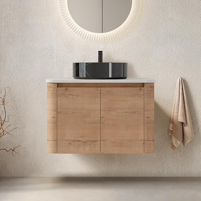 LKTART 30 Inch Floating Bathroom Vanity with Sink, Modern Wall Mounted Bathroom with Soft Close Door, Black Stone Round Ceramic Basin and Sintered Stone Top