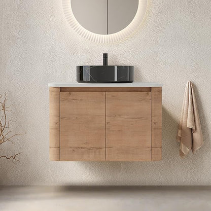 LKTART 30 Inch Floating Bathroom Vanity with Sink, Modern Wall Mounted Bathroom with Soft Close Door, Black Stone Round Ceramic Basin and Sintered Stone Top