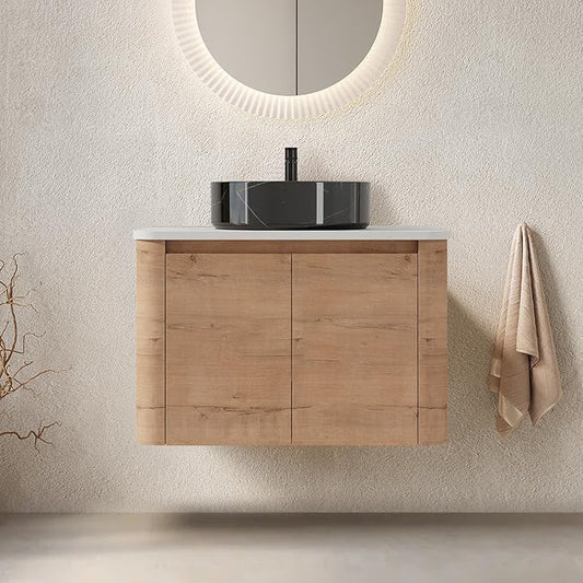 LKTART 30 Inch Floating Bathroom Vanity with Sink, Modern Wall Mounted Bathroom with Soft Close Door, Black Stone Round Ceramic Basin and Sintered Stone Top