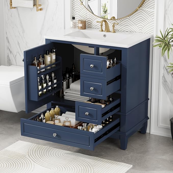 Bathroom Vanity with Ceramic Sink 30 Inch, Cabinet with One Door and Three Drawers, Soft-Closing Door, Solid Wood Legs, Blue