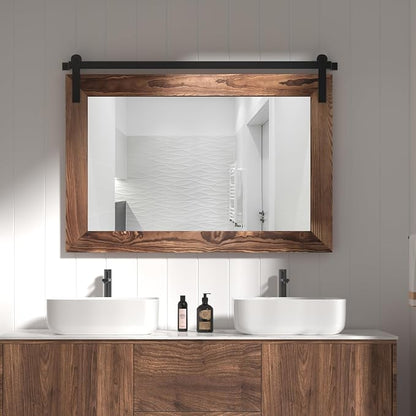 COGOOD Farmhouse Bathroom Mirrors for Over Sink - 30 x 41 Brown | Rustic Barn Door Wood Framed Vanity Mirror for Entryway, Living Room, Bedroom, Dresser Wall Decor