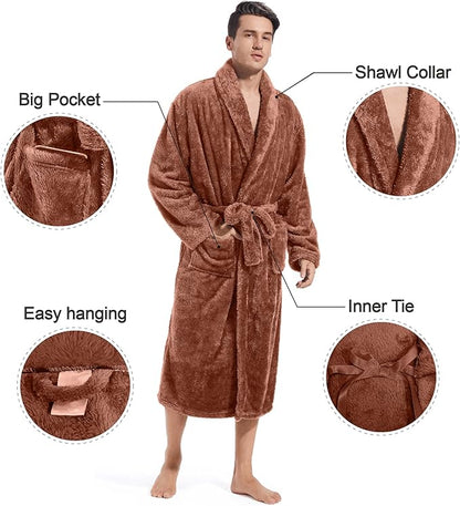 Inner Wish Mens Plush Fleece Robe, Cozy Warm Bathrobe Fuzzy Male Spa Long Robe With Pockets (DARK GREY)