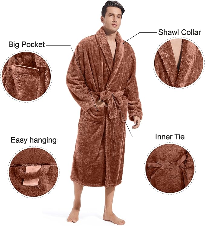 Inner Wish Mens Plush Fleece Robe, Cozy Warm Bathrobe Fuzzy Male Spa Long Robe With Pockets (DARK GREY)