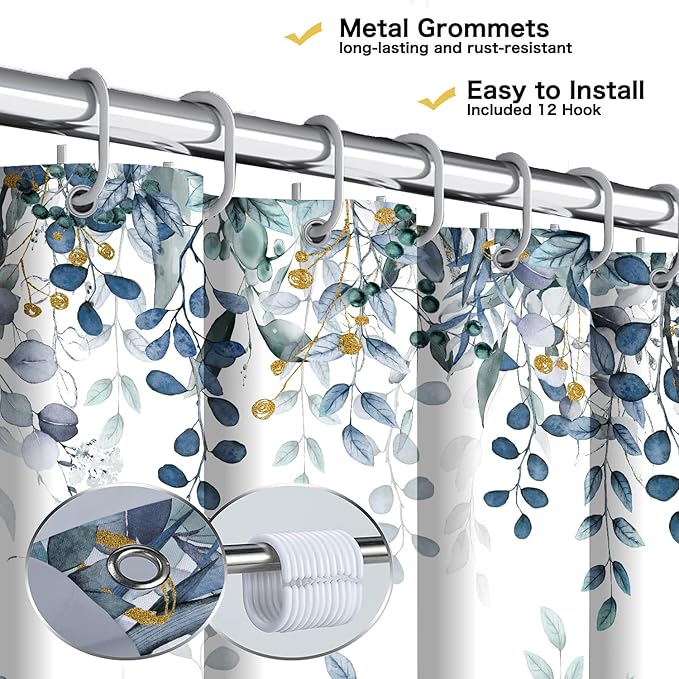 Small Stall Eucalyptus Shower Curtain, Blue Watercolor Plants Leaves Bathroom Decor, Cottagecore Botanical Foliage Waterproof Fabric Cloth Narrow Shower Curtain with Hooks 47X64 Inch