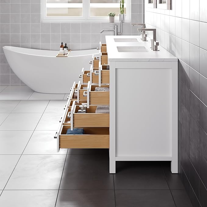 Eviva Aberdeen 96 in. White Double Sink Bath Vanity with Carrara Quartz Top and Undermount Porcelain Sinks