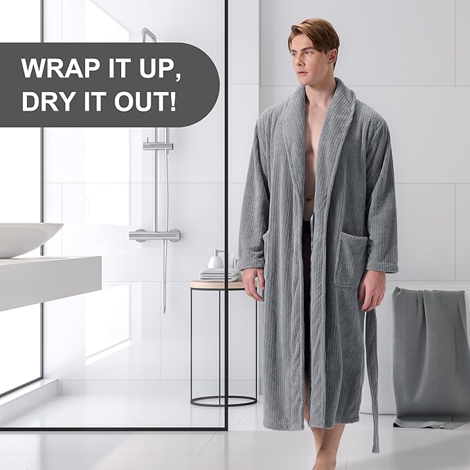 Men's Shawl Collar Bathrobe, Soft Long Towel Robe for Men - Super Absorbent Quick Dry yet Warm