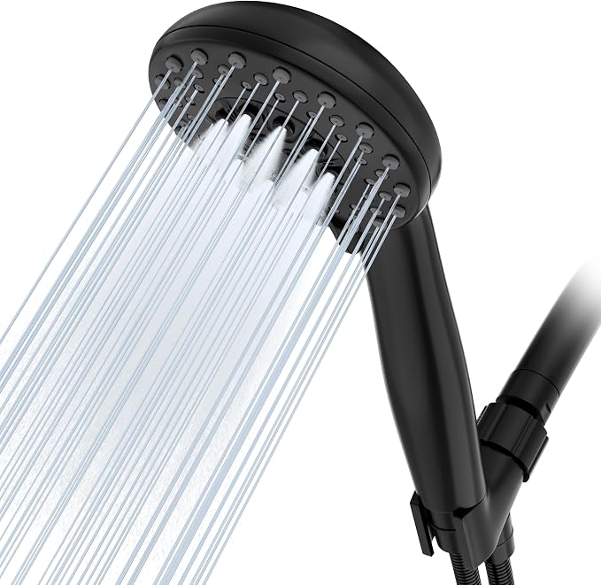 High Pressure Shower Head with Powerful Shower Spray & 59'' Stainless Steel Hose, 5 Spray Modes, Adjustable Bracket and Non-Clogging Nozzles（Black）