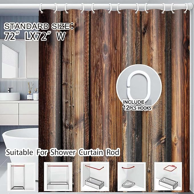 Rustic Barn Door Shower Curtain, Rustic Wooden Board Brown Shower Curtain,Vintage Countryside Wood Board Fabric Bathroom Curtains, Waterproof Cloth Bathroom Sets with Hooks, 48"x72"