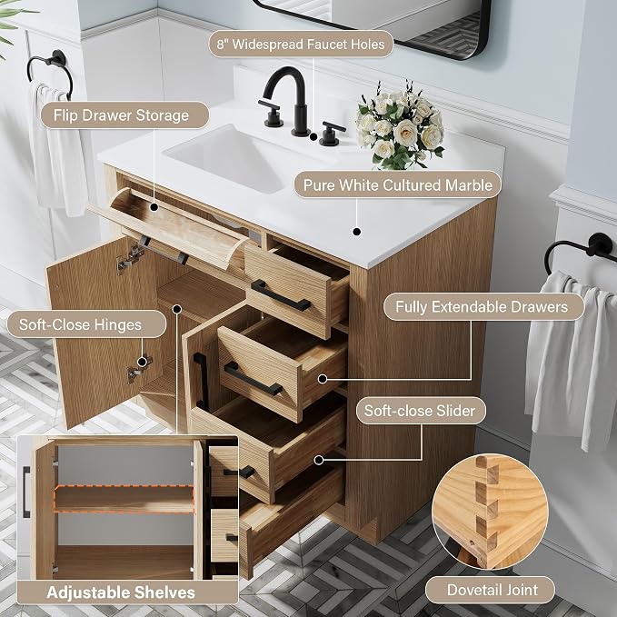 36-Inch Bathroom Vanity with Sink W/ 2 Doors & 4 Drawers & 1 Flip Drawer, Oak Vanity W/Matte Black Handles