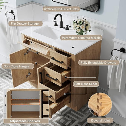 36-Inch Bathroom Vanity with Sink W/ 2 Doors & 4 Drawers & 1 Flip Drawer, Oak Vanity W/Matte Black Handles