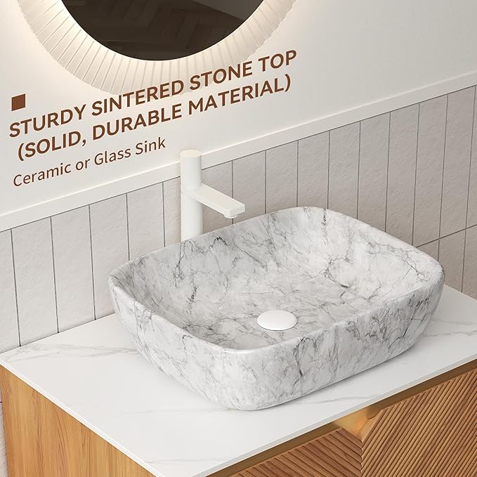 Floating Bathroom Vanity with Sink, 30 Inch Fluted Vanity with Vessel Sink, Modern Bathroom Vanity Cabinet with 2 Doors, Oval Marble Vessel Ceramic Sink & Sintered Stone Top, Oak