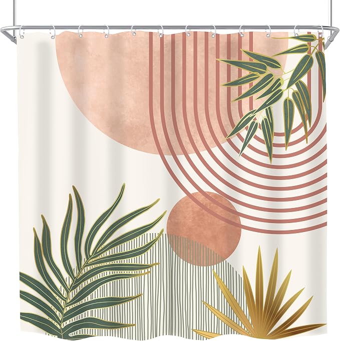 Mid Century Pink Green Boho Abstract Modern Bathroom Shower Curtain Set | 72Wx72L Orange design, waterproof HD print with fast-drying fabric and 12 hooks.
