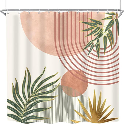 Mid Century Pink Green Boho Abstract Modern Bathroom Shower Curtain Set | 72Wx72L Orange design, waterproof HD print with fast-drying fabric and 12 hooks.