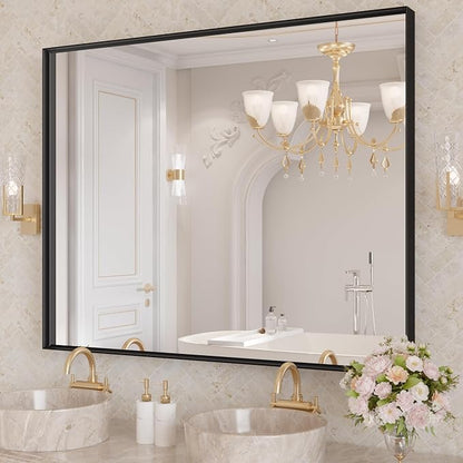 LOAAO Black Bathroom Mirror 40"X36" | Tempered Glass, Hangs Vertically or Horizontally, Easy to Install, Wall Mounted, Modern Design