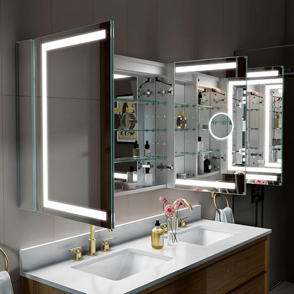 60" X 30" Bathroom Mirror Medicine Cabinet with 3X Magnification Makeup Mirror, LED Mirrored Cabinet, Bathroom Storage Mirror Cabinet, Recessed or Surface, Three Opening Doors