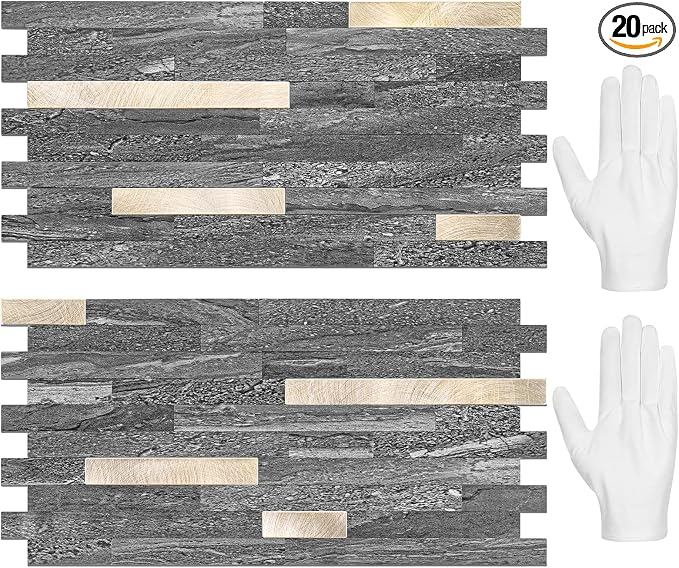STICKGOO 20 Sheets Peel and Stick Backsplash Tile, Stick on Backsplash for Kitchen and Bathroom, Black Sandstone Look PVC Mixed Metal Gold Self Adhesive Wall Tiles