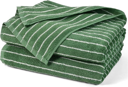 Jacquotha Bath Towels 2 Pack, Lighter & Quick Dry Towels Large 27.5 x 55 inches, Luxury Terry Cotton Towels for Bathroom Beach Swim, Forest Green & White Striped