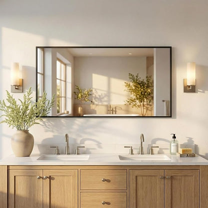 60"x30" Matte Black Wide Bathroom Wall Mirror for Double Vanity | Wide Double Vanity Mirror, Slim Metal Frame, Long Console or Buffet Use, Vertical/Horizontal Mount, Tempered Glass